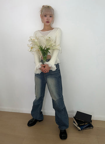 WASHED SHIRRING BLUE DENIM